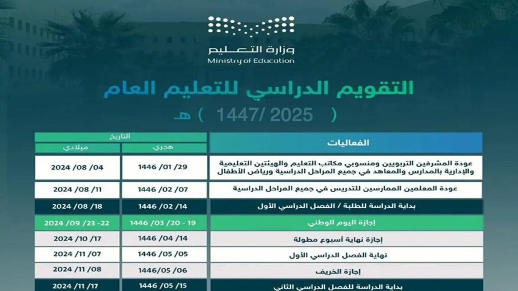 التقويم الدراسي الجديد 1447